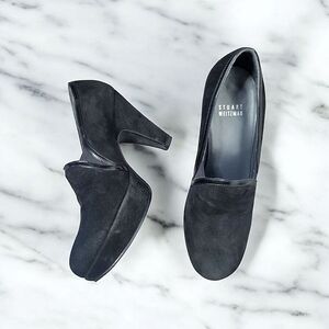 Stuart Weitzman Black Leather Trim Brushed Suede Heeled Loafer Heels Vintage 6